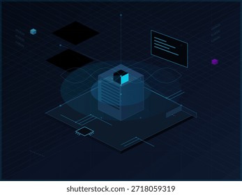 Eine Szene zeigt eine 3D-Grafik der Datenverarbeitung mit Würfeln, Linien und Bildschirmen. Das Setup zielt darauf ab, informationstechnische Konzepte in einem modernen Kontext darzustellen.