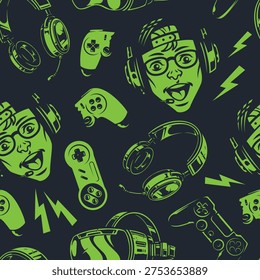 The scene shows a colorful pattern of gaming symbols and characters. The design features gaming headphones controllers lightning bolts and cheerful gamers.