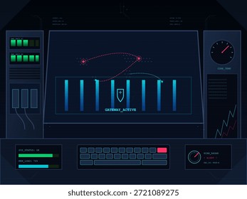 La escena muestra una pantalla de computadora con luces verdes y gráficos. Muestra datos activos con notificaciones de alerta y análisis continuo del sistema durante la noche.