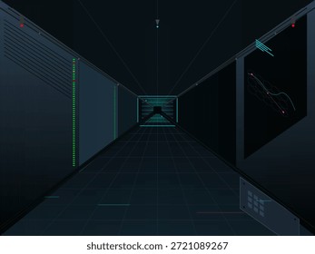 Die Szene zeigt einen digitalen Korridor mit Panels, die Grafiken und Linien anzeigen. Das Design bietet einen Blick in einen technologieorientierten Raum. Licht und Bildmaterial sind in diesem dunklen Bereich prominent.