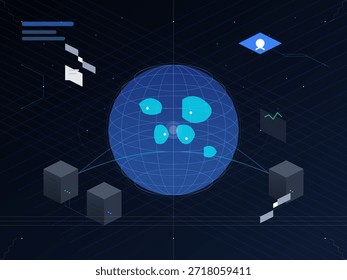 The scene shows a digital display of a global network with a central sphere. Data points and server icons connect with lines. Various analytics symbols appear around.