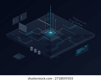 The scene shows a digital network system featuring data points and lines connecting various elements in a dark environment at night. The focus is on data processing and connectivity.