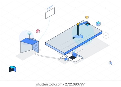 La escena muestra un espacio de trabajo digital con Formas y líneas abstractas. Cuenta con un Grande escritorio, una impresora 3D y Elementos que sugieren la integración de la tecnología. Las Personas interactúan con estas características.