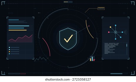 Die Szene zeigt einen digitalen Arbeitsplatz mit dunklem Bildschirm. Auf dem Bildschirm werden verschiedene Grafiken und Datenanzeigen angezeigt. Der Schwerpunkt liegt auf der Datensicherheit mit Schildsymbol und Häkchen.