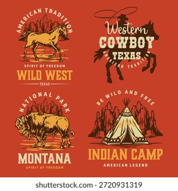 A scene shows elements of the wild west in a western setting. There are symbols of cowboys a national park and an Indian camp. The setting reflects American tradition and freedom.