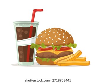 The scene shows a meal consisting of a hamburger with toppings, a container of french fries, and a cup of cola. The hamburger features a sesame seed bun, lettuce, tomato, and a beef patty. The french fries are arranged beside the burger, giving a casual fast food feel. The cup of cola has a red straw and is positioned next to the burger and fries. The visual is clean and straightforward, highlighting a classic lunch or snack choice