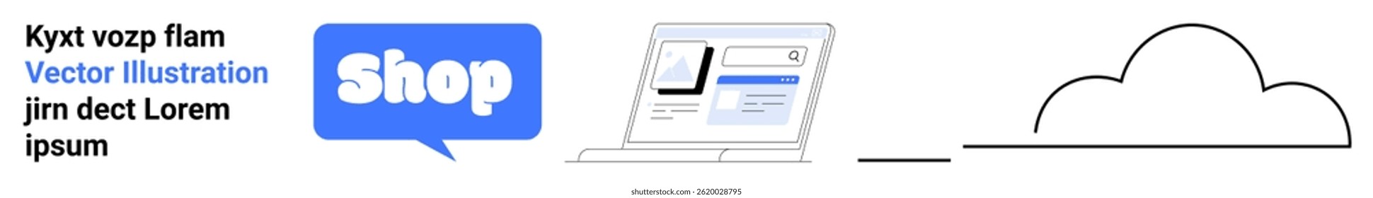 The scene shows an online shop icon, a cloud illustration, and a laptop with a digital dashboard open. Ideal for e-commerce, cloud computing, digital marketing, online business, and technology
