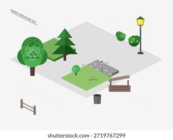 Scene shows a park design with trees, a bench, a pathway, a street lamp, and a trash can. This layout is useful for planning urban green spaces or digital projects.