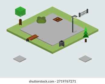 The scene shows a small park area with a bench, a tree, a trash can, and a light post. There is grass and a bush, along with a gravel path and a boundary fence.