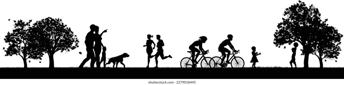 Scene of silhouette people in park or outdoor setting exercising enjoying nature. Family are walking dog. Runners running or jogging. Cyclists cycling bikes or bicycles and children playing ball game