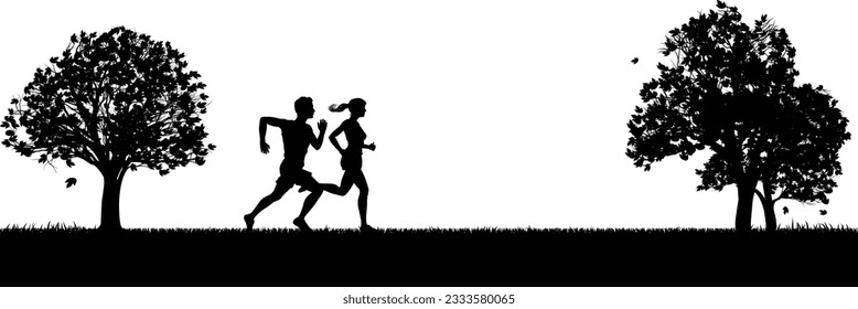 A scene of silhouette runners or joggers people in the park or other outdoor setting exercising and enjoying nature by jogging or running.