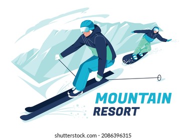 Scene of skier and snowboarder skiing on snow-covered mountain slopes or slopes. Outdoor winter sports. Cartoon flat vector illustration.
