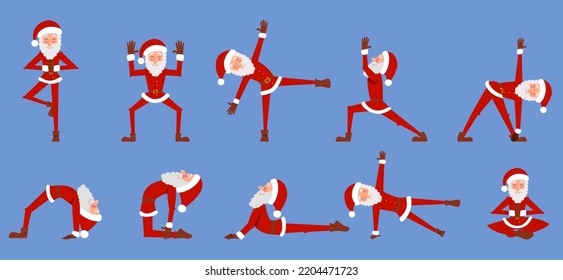 Una escena con un Papá Noel delgado haciendo yoga. Un saludable personaje navideño en diferentes poses.