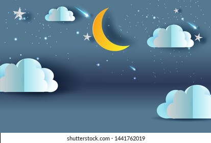 Scene Sky fantasy.Cloud and shooting star on Sky night sweet dream your text space blue dark background.Panorama moon half with midnight. Mystical.Creative design paper cut,craft vector.illustration.