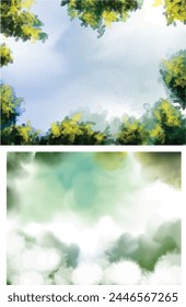 A scene of the sky and plant branches and another of a cloudy sky in a watercolor style