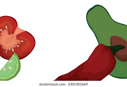 Scene with slices of fruits and vegetables: tomato, lemon, avocado and red chili pepper in cartoon style.