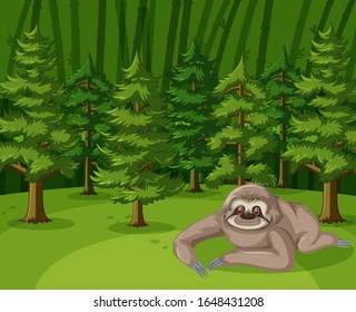 Scene with sloth crawling in the big forest illustration