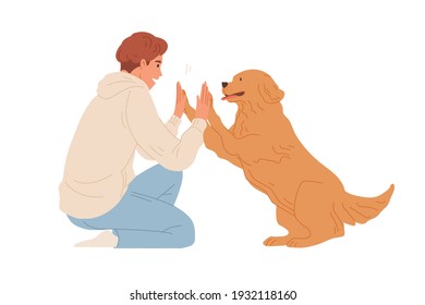 Scene with smart dog giving high five to person. Man's hands clapping pet's paws. Concept of friendship between people and animal. Colored flat vector illustration isolated on white background