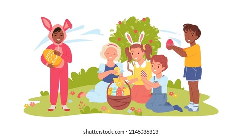 Scene of smiling children playing on easter party. Bunny dressed kids on eggs hunt game, spring traditional saint holiday, kids wearing rabbit costumes cartoon vector illustration
