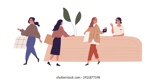 Scene with smiling friendly seller behind store counter and happy women with shopping bags and purchases. Colored flat cartoon vector illustration of vendor and buyers isolated on white background