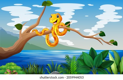 Scene with a snake on a tree branch illustration