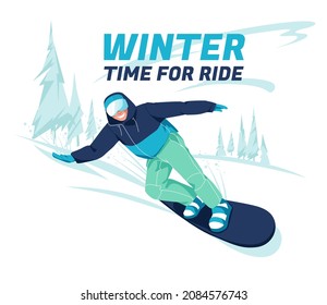 scene of snowboarder riding board at snowy mountainsides or slopes. Outdoor sports activity. Colorful flat vector illustration