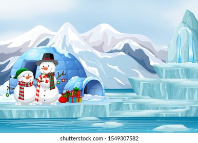 Scene with snowman and igloo illustration