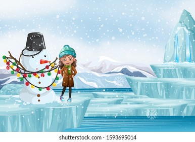 Scene with snowman and little girl illustration