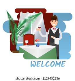 Scene with a sommelier and table. Vector illustration in a flat style