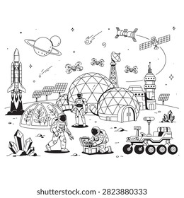 Scene of space exploration and a lunar colony with a rocket, planets, meteor, satellites, drones, space station, biodomes, astronauts, rover, crystals, and solar panels. Represents science, future, and cosmic adventure.