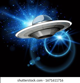 Scene with spaceship flying in the dark galaxy illustration