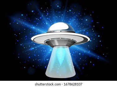 Scene with spaceship flying in the dark galaxy illustration