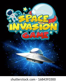 Scene with spaceship flying in the dark galaxy illustration
