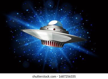 Scene with spaceship flying in the dark galaxy illustration