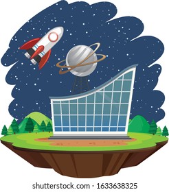 Scene with spaceship flying over big building illustration