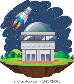 Scene with spaceship flying in the sky illustration