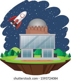 Scene with spaceship flying in the sky illustration