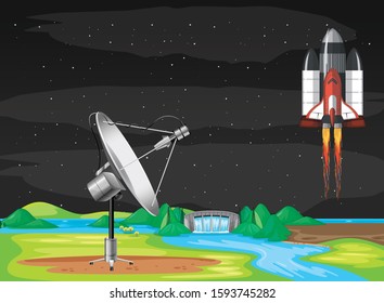 Scene with spaceship flying in the sky illustration