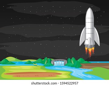 Scene with spaceship flying in the sky illustration