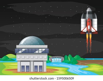 Scene with spaceship flying in the sky illustration