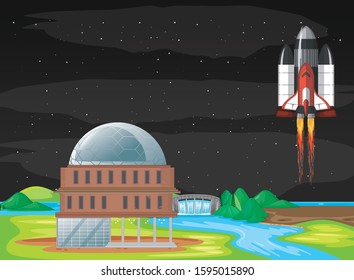 Scene with spaceship flying in the sky illustration