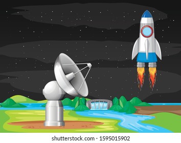 Scene with spaceship flying in the sky illustration