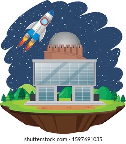 Scene with spaceship flying in the sky illustration