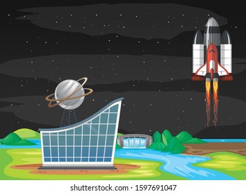 Scene with spaceship flying in the sky illustration