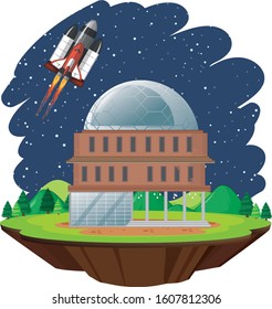 Scene with spaceship flying in the sky illustration