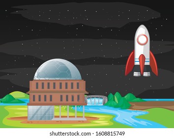 Scene with spaceship flying in the sky illustration