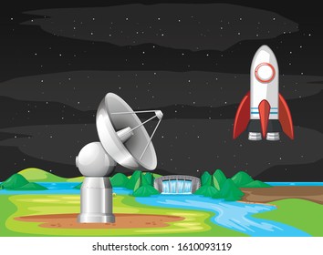 Scene with spaceship flying in the sky illustration