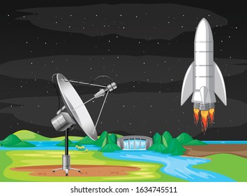 Scene with spaceship flying in the sky illustration