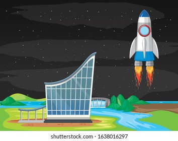Scene with spaceship flying in the sky illustration
