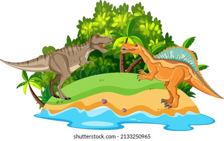 Szene mit Spinosauriern und T-Rex-Kämpfer-Illustration